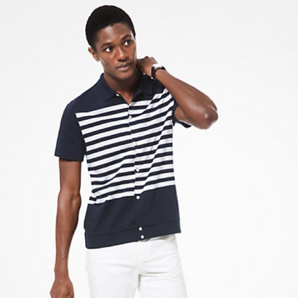 MICHAEL KORS MENS Striped Cotton Button-Down Polo Shirt